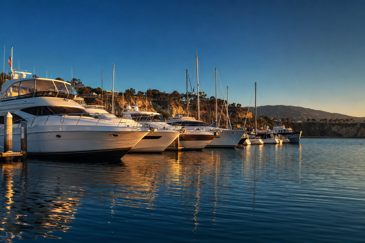 Yachts moored in Dana Point Harbor at golden hour
