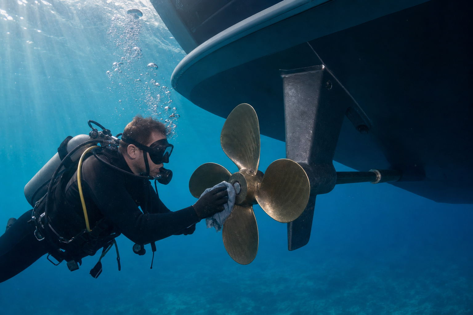 Diver cleaning a propeller and running gear underwater