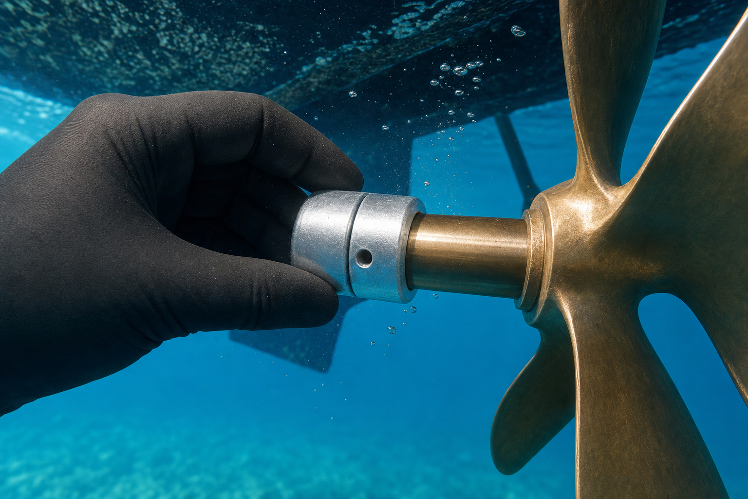 Gloved hand installing a fresh zinc anode on a bronze propeller shaft